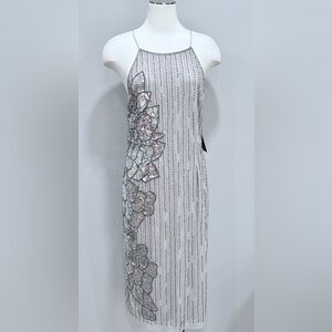 Adrianna Papell Sequined Beaded Halter Midi Sheath Cocktail Dress Silver 14